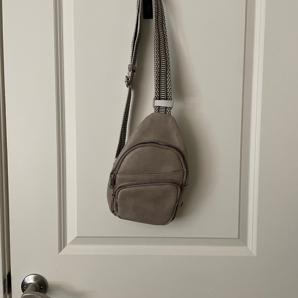 Taupe Leather Sling Belt Bag with Patterned Strap